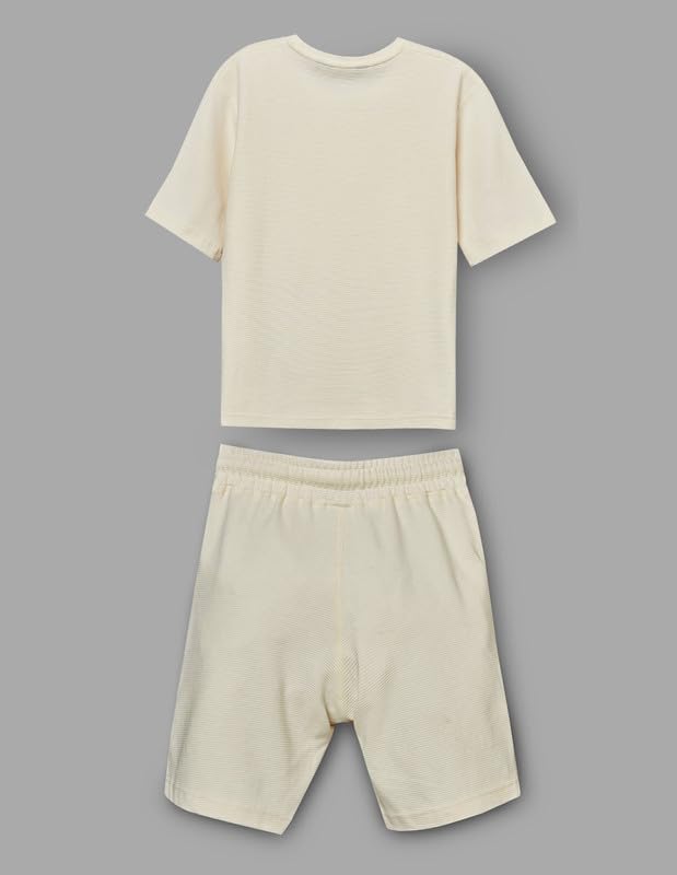 RUFF Off White Cotton Ribbed Textured Round Neck Down Shoulder T-Shirt | Half Sleeves | Casual Wear