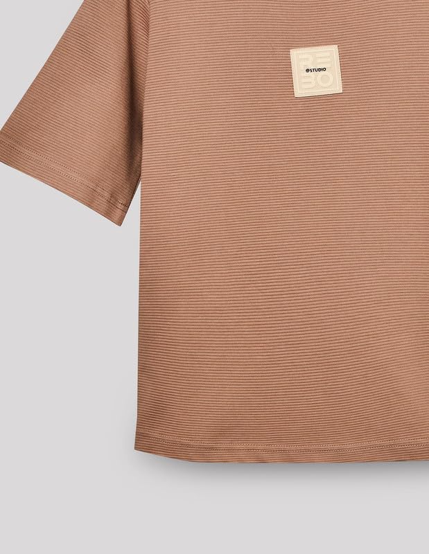 RUFF Fawn Cotton Ribbed Textured Round Neck Down Shoulder T-Shirt | Half Sleeves | Casual Wear