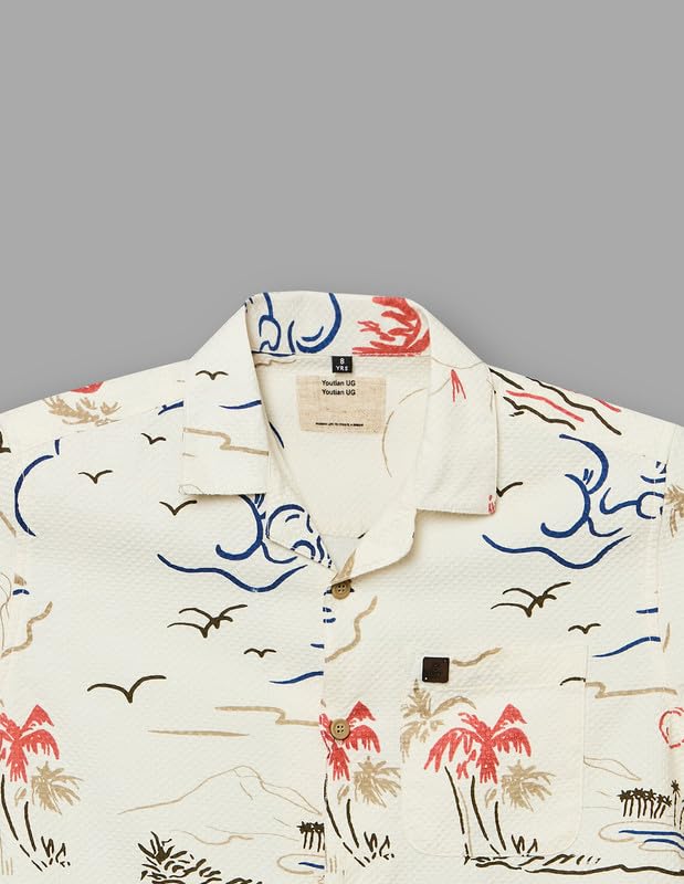 RUFF Printed Cotton Shirt | Collared Neck | Half Sleeves | Regular Fit | Casual Wear Off White