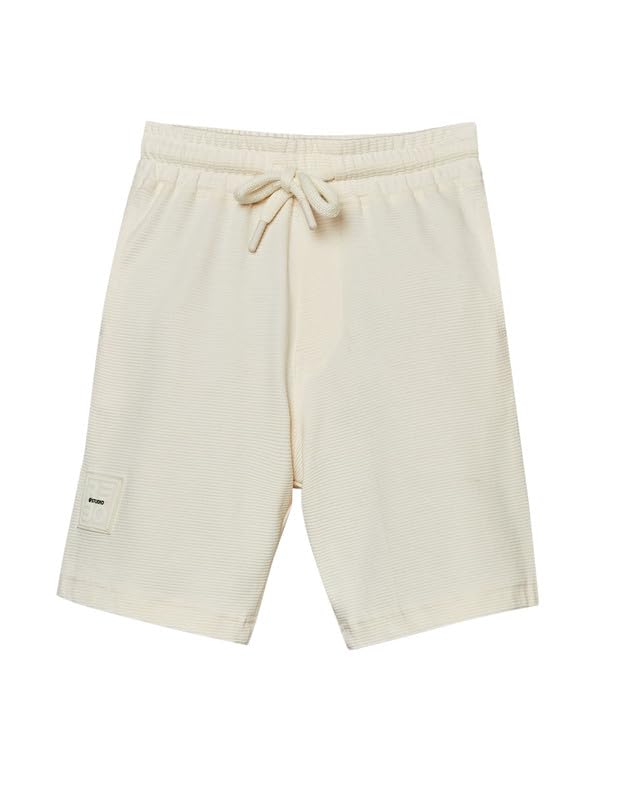 RUFF Off White Cotton Ribbed Textured Bermuda | Above Knee | Casual Wear