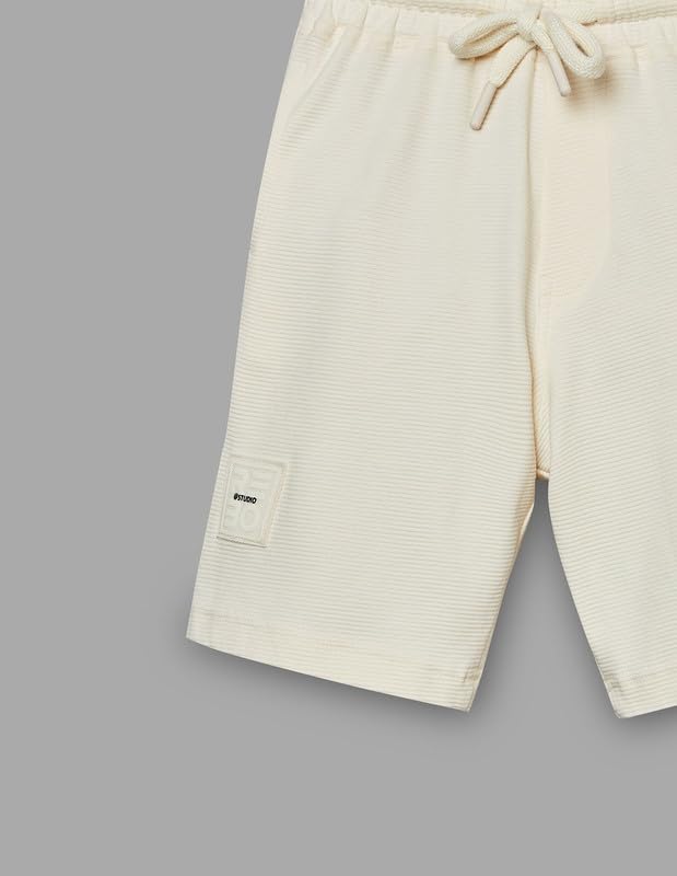 RUFF Off White Cotton Ribbed Textured Bermuda | Above Knee | Casual Wear