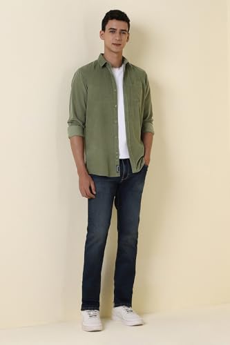 Men Olive Custom Fit Solid Full Sleeves Casual Shirt
