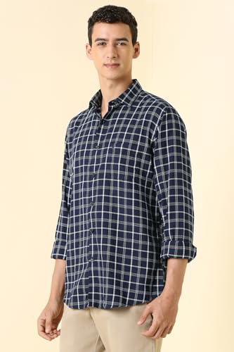 Men Navy Sport Fit Check Full Sleeves Casual Shirt