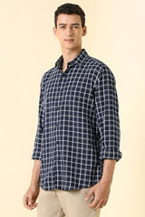 Men Navy Sport Fit Check Full Sleeves Casual Shirt