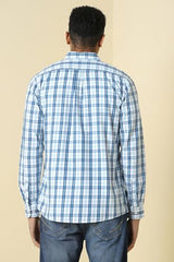 Men Blue Custom Fit Check Full Sleeves Casual Shirt