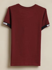 Boys Maroon Textured Crew Neck T-Shirt