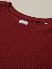 Boys Maroon Textured Crew Neck T-Shirt
