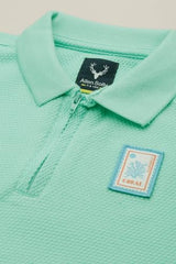 Boys Green Textured Polo Neck T-Shirt