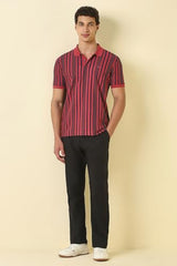 Men Red Stripe Polo Neck T-Shirt