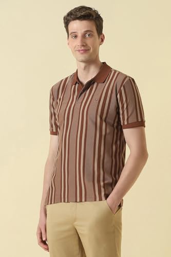 Men Brown Stripe Polo Neck T-Shirt