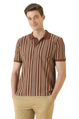Men Brown Stripe Polo Neck T-Shirt