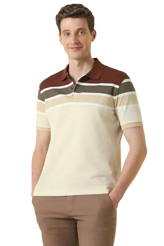 Men Beige Stripe Polo Neck T-Shirt
