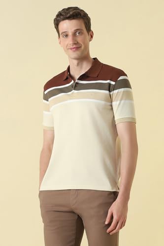Men Beige Stripe Polo Neck T-Shirt
