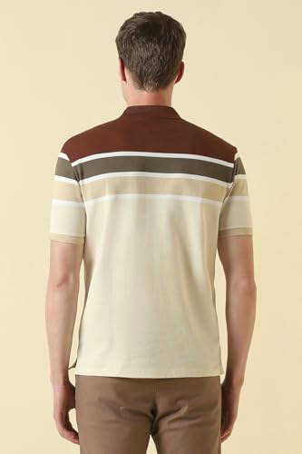 Men Beige Stripe Polo Neck T-Shirt