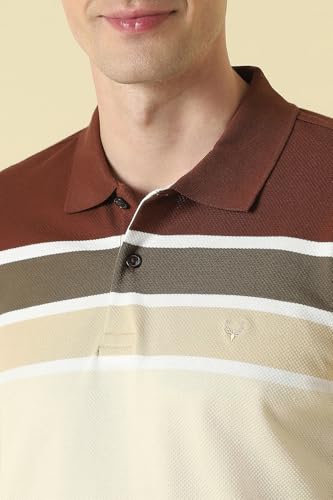Men Beige Stripe Polo Neck T-Shirt
