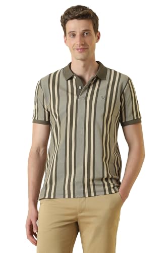 Men Olive Stripe Polo Neck T-Shirt