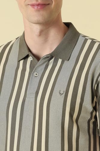 Men Olive Stripe Polo Neck T-Shirt