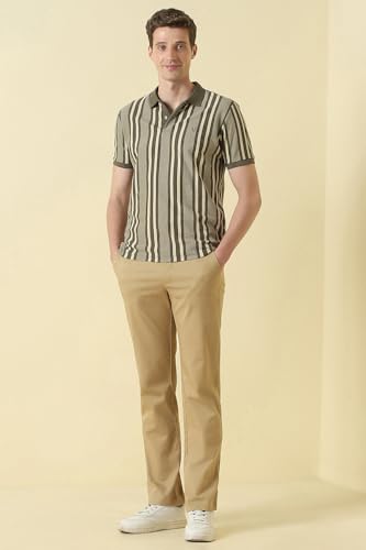 Men Olive Stripe Polo Neck T-Shirt