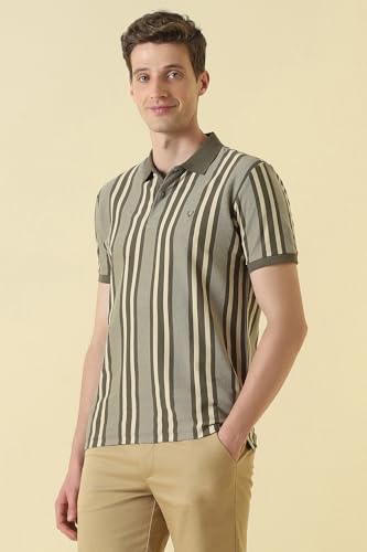 Men Olive Stripe Polo Neck T-Shirt