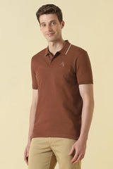 Men Brown Textured Polo Neck T-Shirt