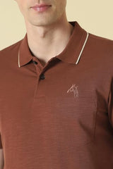 Men Brown Textured Polo Neck T-Shirt