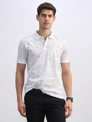 Men White Print Polo Neck T-Shirt