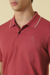 Men Red Textured Polo Neck T-Shirt