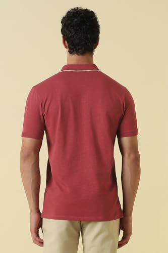 Men Red Textured Polo Neck T-Shirt