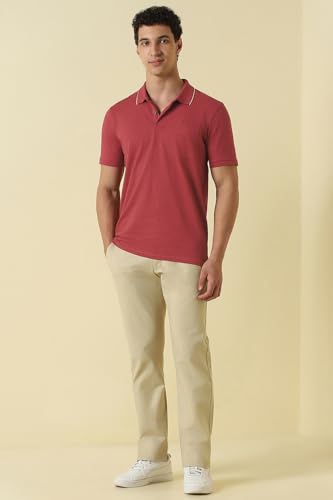 Men Red Textured Polo Neck T-Shirt