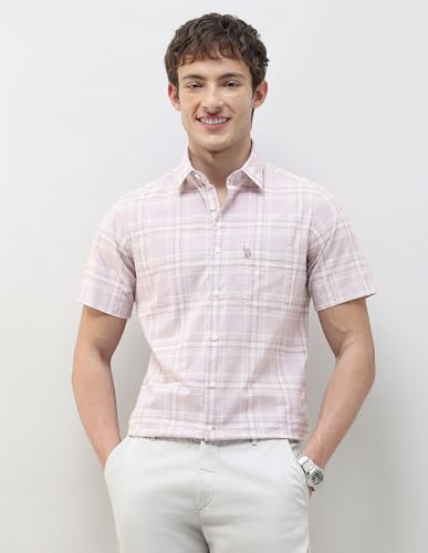 U.S.Polo Association Men's Tartan Checked Regular Fit Shirt (USSHT3224H_Pink_46)