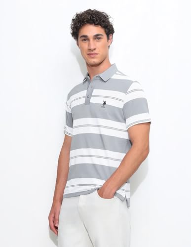 U.S.Polo Association Men's Horizontal Striped Slim Fit Polo Shirt (USTSH3360_Light Grey_3XL)