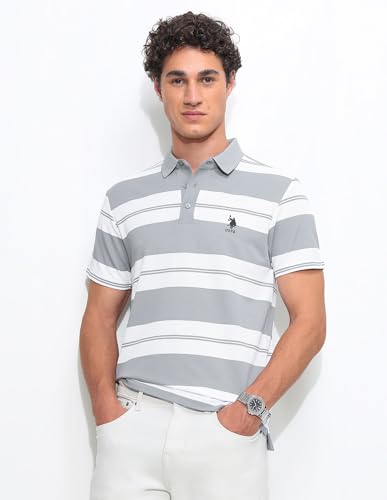 U.S.Polo Association Men's Horizontal Striped Slim Fit Polo Shirt (USTSH3360_Light Grey_3XL)