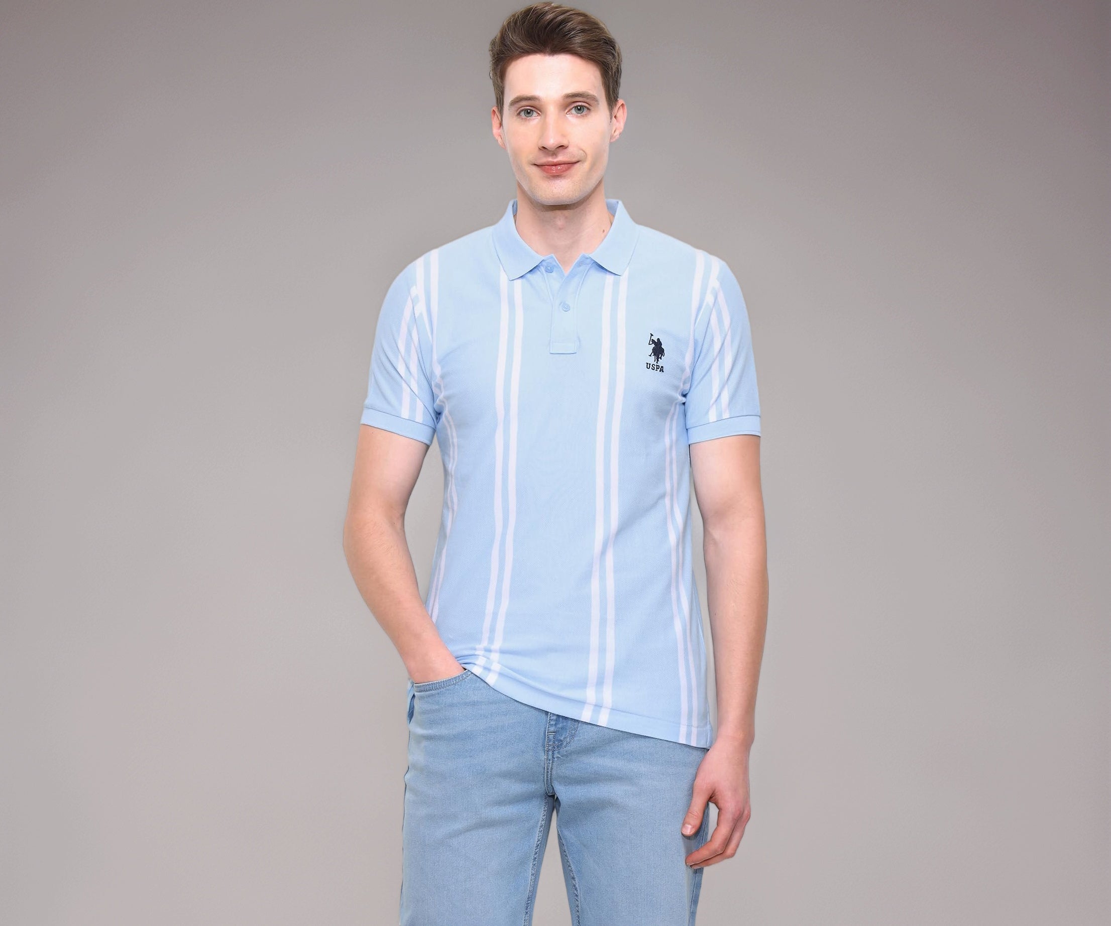 U.S.Polo Association Men's Vertical Striped Slim Fit Polo Shirt (USTSH3385_Blue_S)