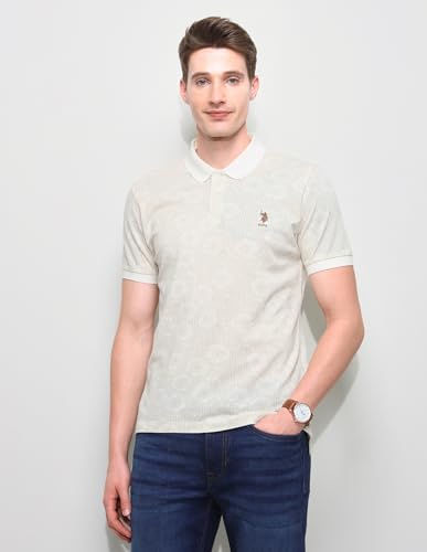 U.S.Polo Association Men's Floral Vertical Striped Slim Fit Polo Shirt (USTSH3387_Off White_L)