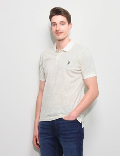 U.S.Polo Association Men's Floral Vertical Striped Slim Fit Polo Shirt (USTSH3387_Off White_L)