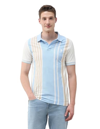 U.S.Polo Association Men's Self Design Vertical Striped Slim Fit Polo Shirt (USTSH3388_Light Blue_L)