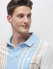 U.S.Polo Association Men's Self Design Vertical Striped Slim Fit Polo Shirt (USTSH3388_Light Blue_L)