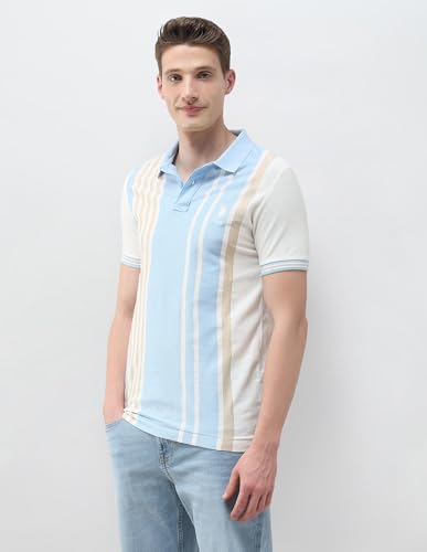 U.S.Polo Association Men's Self Design Vertical Striped Slim Fit Polo Shirt (USTSH3388_Light Blue_L)