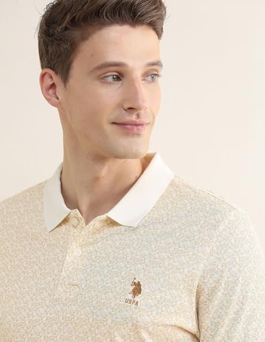 U.S. Polo Association men's tropical printed slim fit polo shirt, long sleeve, with colorful tropical pattern, front view.