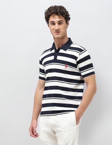 U.S.Polo Association men's navy horizontal striped slim fit polo shirt, long sleeve, casual upper wear, size 3XL.