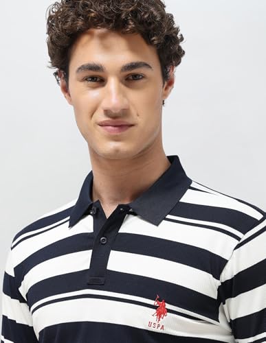 U.S. Polo Association men's navy horizontal striped slim fit polo shirt, long-sleeve T-shirt style with collar and buttons.