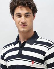 U.S. Polo Association men's navy horizontal striped slim fit polo shirt, long-sleeve T-shirt style with collar and buttons.
