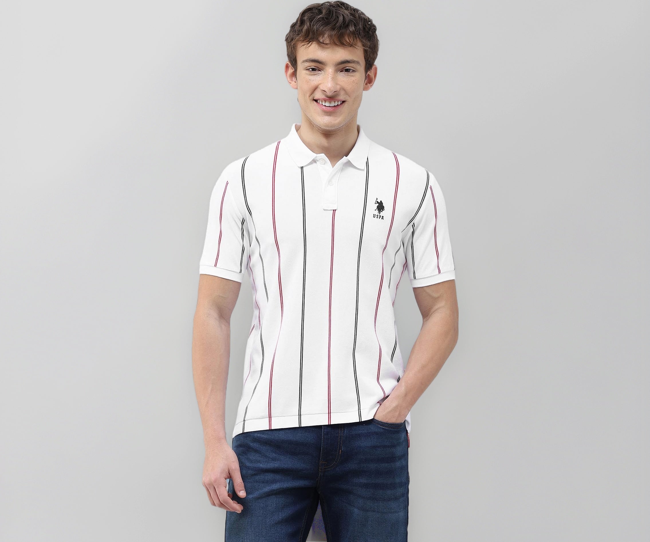 U.S.Polo Association Men's Vertical Striped Slim Fit Polo Shirt (USTSH3491_White_XL)