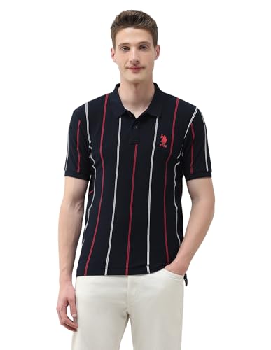 U.S.Polo men's vertical striped slim fit polo shirt in navy, short sleeve, classic collar, made from comfortable cotton fabric.