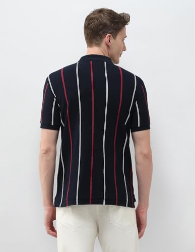 U.S.Polo Association men's navy vertical striped slim fit polo shirt, long-sleeve T-shirt style, displayed on a white background.
