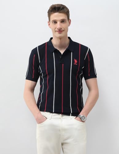 U.S.Polo Association men's navy vertical striped slim fit polo shirt, short sleeve, casual style, front view.