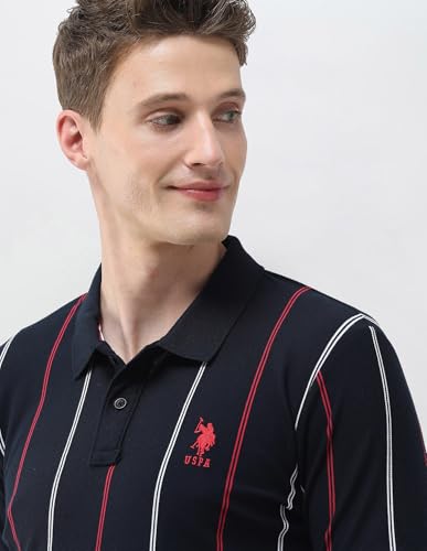 U.S.Polo Association men's navy vertical striped slim fit polo shirt, short sleeve T-shirt with classic collar and buttons.