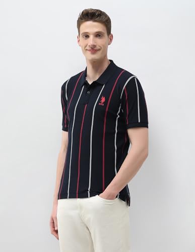 U.S. Polo Association men's navy vertical striped slim fit polo shirt, short sleeve T-shirt, front view