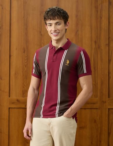 U.S.Polo Association Men's Vertical Striped Slim Fit Polo Shirt (USTSH3533_Maroon_L)