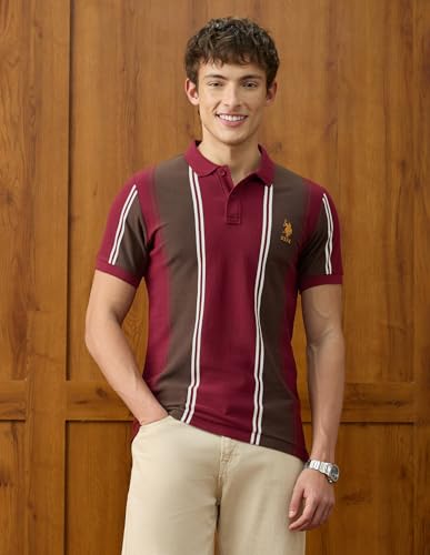 U.S.Polo Association Men's Vertical Striped Slim Fit Polo Shirt (USTSH3533_Maroon_L)